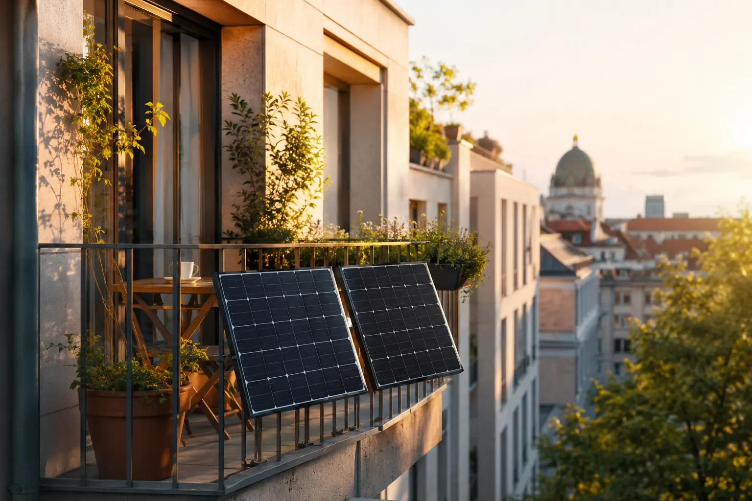 Balkonkraftwerk: zwei Solarmodule am Geländer eines Stadtbalkons in der Abendsonne